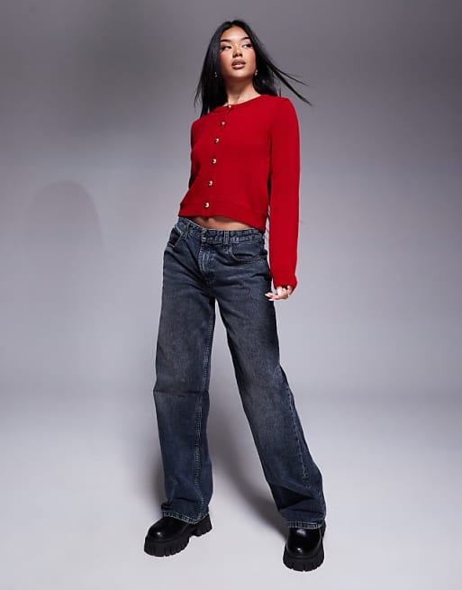 ASOS DESIGN compact knit cardigan with gold buttons in red ASOS DESIGN compact knit cardigan with gold buttons in red