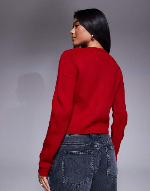 ASOS DESIGN compact knit cardigan with gold buttons in red