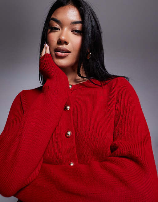 ASOS DESIGN compact knit cardigan with gold buttons in red ASOS DESIGN compact knit cardigan with gold buttons in red