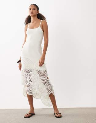 ASOS DESIGN compact knit contrast crochet midi dress in white 