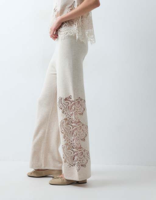 ASOS DESIGN compact knit lace trim pants in oatmeal (Part of a set), 2 of 5