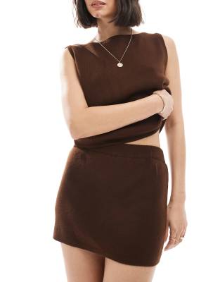 Asos Design Compact Knit Slash Neck Top In Brown