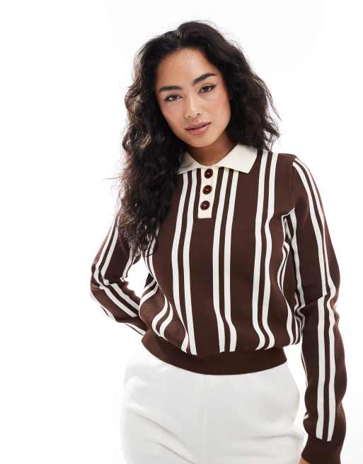ASOS DESIGN compact knit polo top in brown stripe