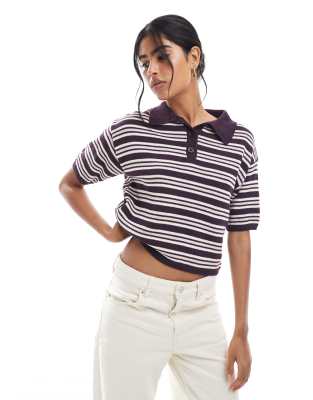 compact knit polo top in plum stripe-Multi