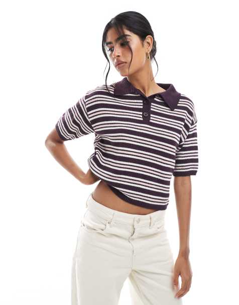 ASOS DESIGN compact knit polo top in plum stripe - view 1