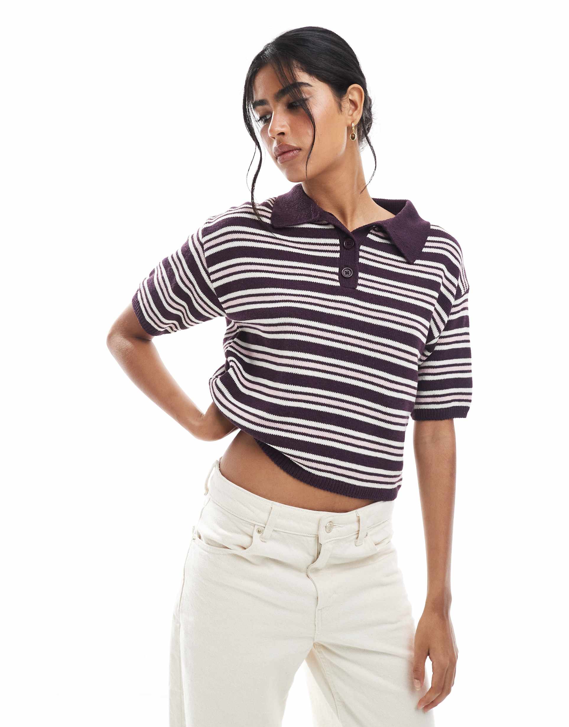 asos design compact knit polo top in plum stripe