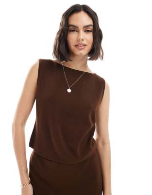 Asos Design Compact Knit Slash Neck Top In Brown