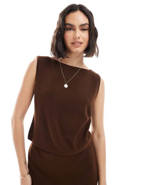 ASOS DESIGN compact knit slash neck top in brown - part of a set - view 1