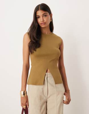 Asos Design Compact Knit Structured Top With Front Slit In Green