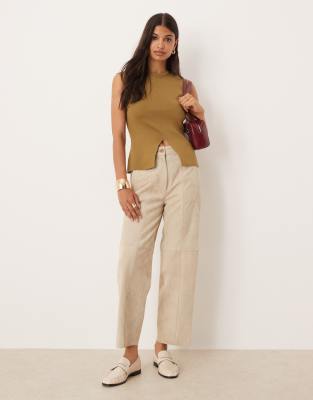 Asos Design Compact Knit Structured Top With Front Slit In Gold