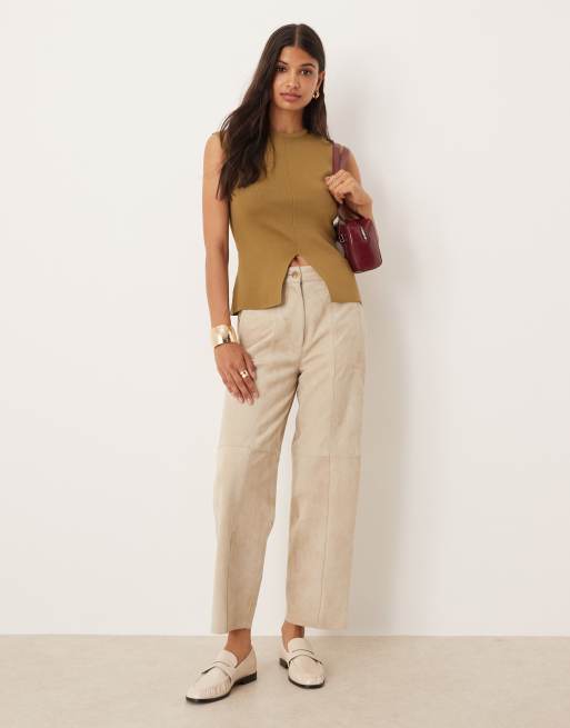ASOS DESIGN compact knit structured top with front slit in olive