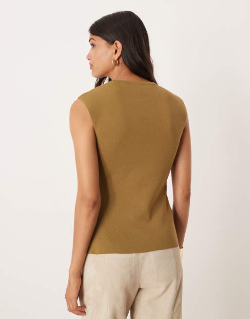 ASOS DESIGN compact knit structured top with front slit in olive