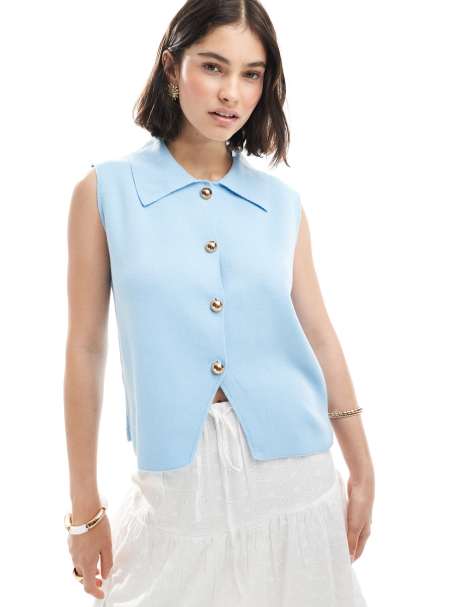 ASOS DESIGN compact knit waistcoat with collar in blue - view 1
