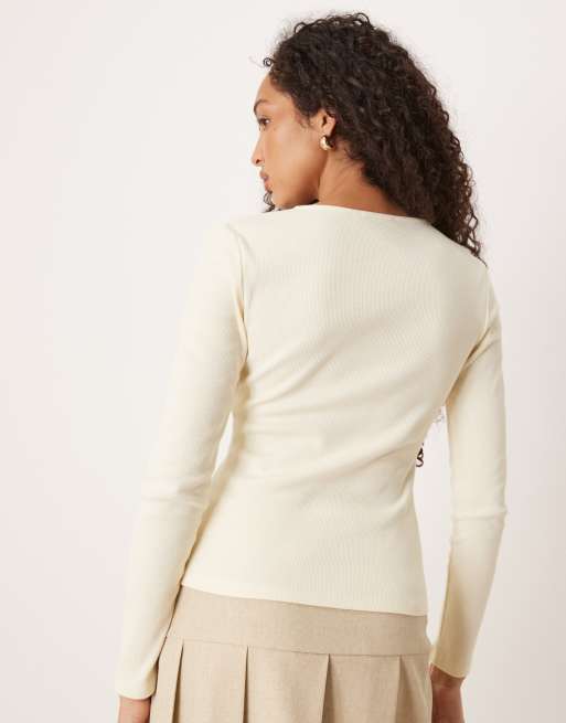 ASOS DESIGN compact mini rib button through top in buttermilk