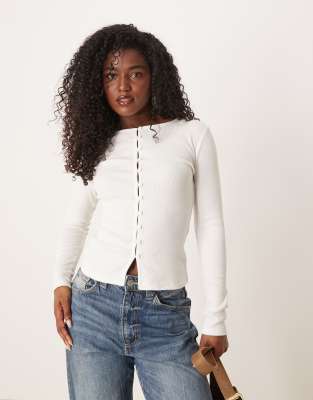 [ASOS DESIGN] ASOS DESIGN compact rib button through cardigan in cream-White S CREAM