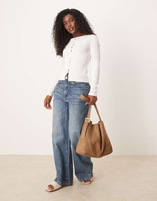 ASOS DESIGN compact rib button through cardigan in cream