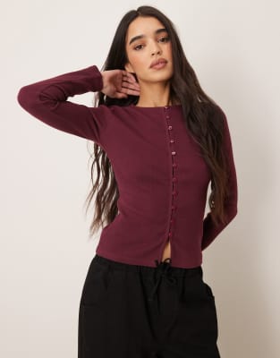[ASOS DESIGN] ASOS DESIGN compact rib button through cardigan in plum-Purple S Plum