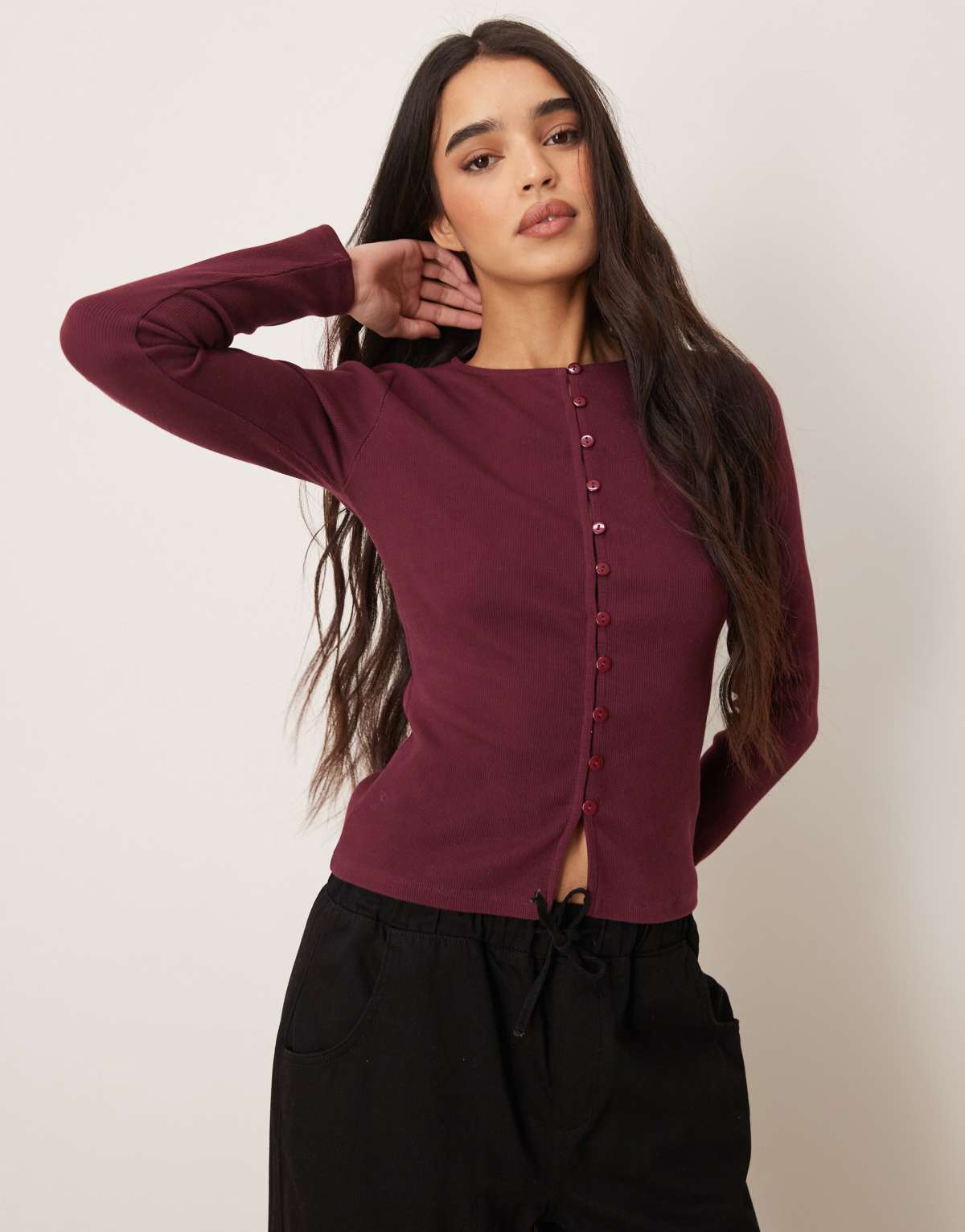 ASOS DESIGN compact rib button through cardigan in plum