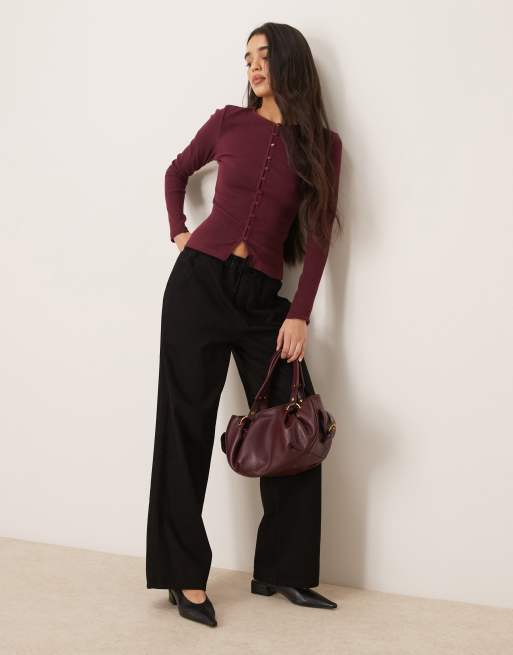 ASOS DESIGN compact rib button through cardigan in plum