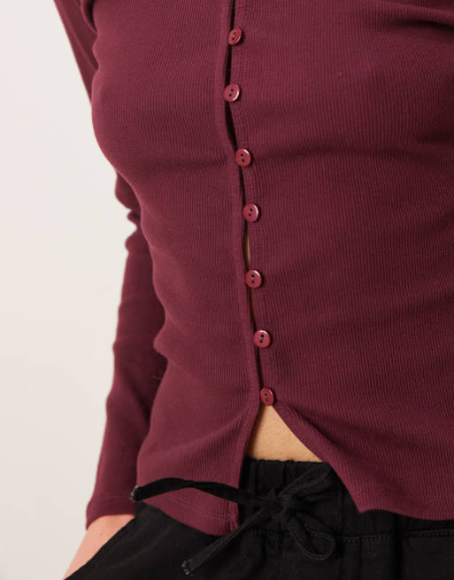 ASOS DESIGN compact rib button through cardigan in plum