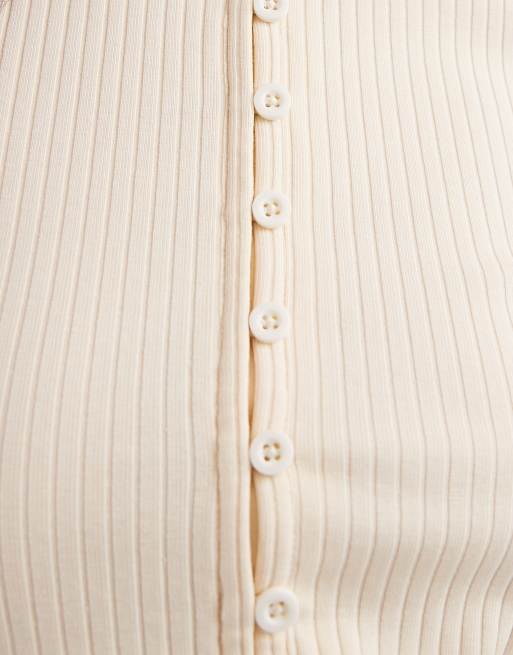 ASOS DESIGN compact rib button through short sleeve cardigan in cream, 2 of 4