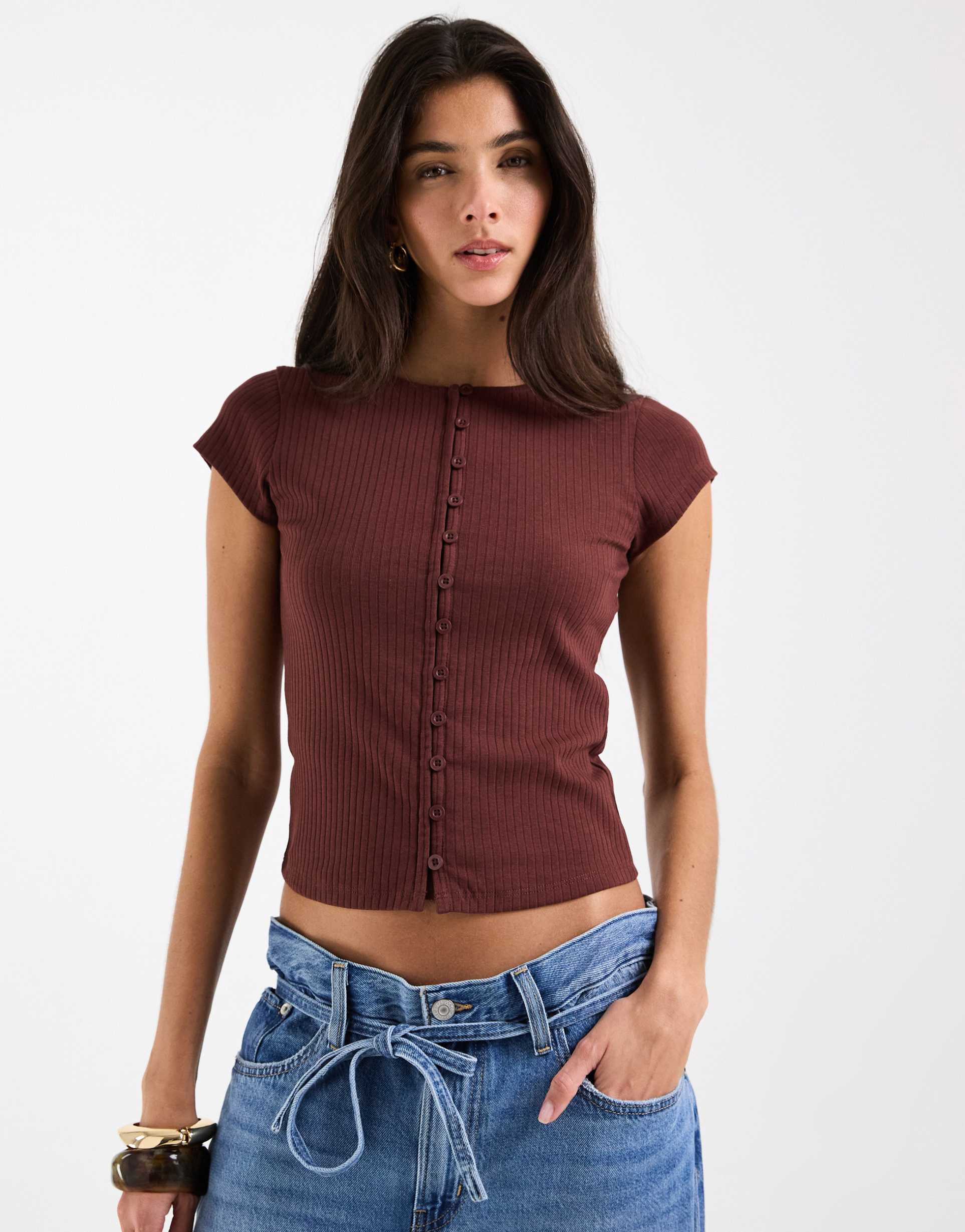 asos design compact rib button through short sleeve cardigan in fig