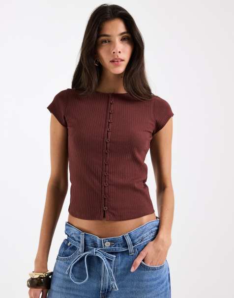 ASOS DESIGN compact rib button through short sleeve cardigan in fig