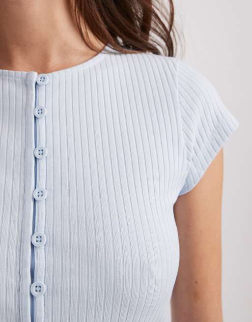 ASOS DESIGN compact rib button through short sleeve cardigan in light blue, 2 of 4