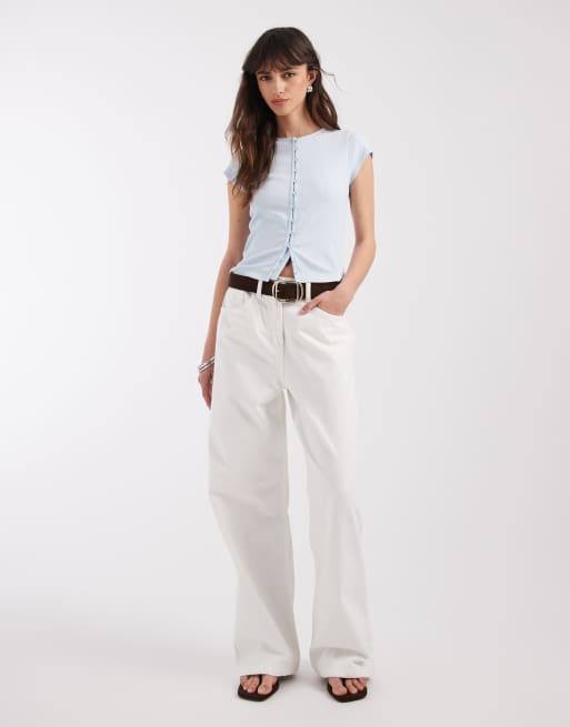 ASOS DESIGN compact rib button through short sleeve cardigan in light blue, 3 of 4