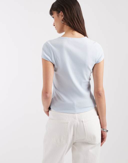 ASOS DESIGN compact rib button through short sleeve cardigan in light blue, 4 of 4