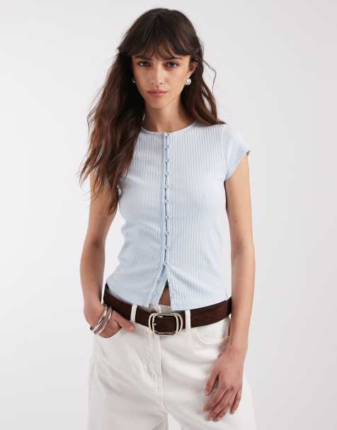 ASOS DESIGN compact rib button up short sleeve cardigan in light blue - view 1