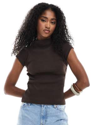 Asos Design Compact Rib Open Back Grown On Neck Baby Tee In Brown