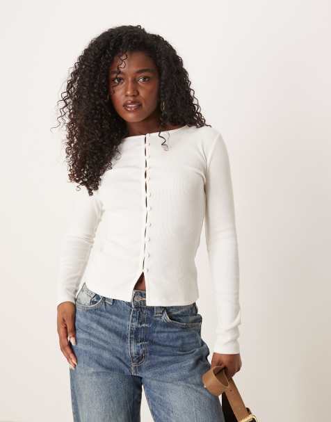 ASOS DESIGN compact ribbed button through cardigan in cream - view 1