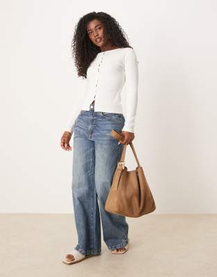 Asos Design Compact Ribbed Button Through Cardigan In White