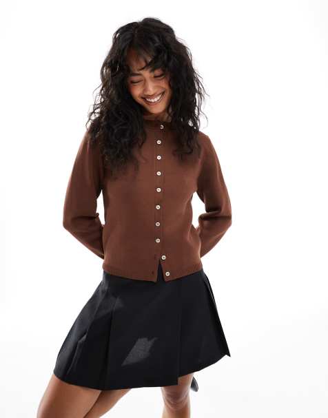 ASOS DESIGN compact stitch cardigan in chocolate brown - view 1