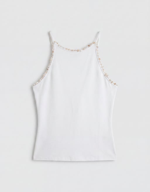 ASOS DESIGN compacte katoenen racer top met kralendetail in wit, 6 van 7