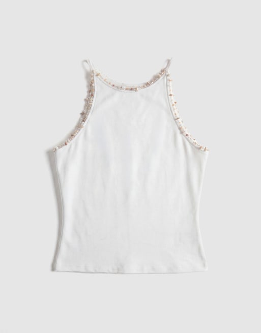 ASOS DESIGN compacte katoenen racer top met kralendetail in wit, 7 van 7