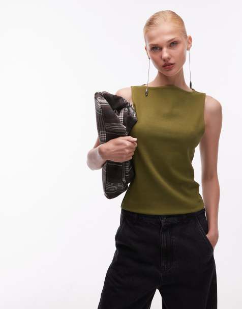 ASOS DESIGN - Compacte katoenen tanktop met boothals in kaki - view 1