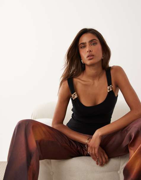 ASOS DESIGN - Compacte katoenen tanktop met gouden afwerking in zwart - view 1