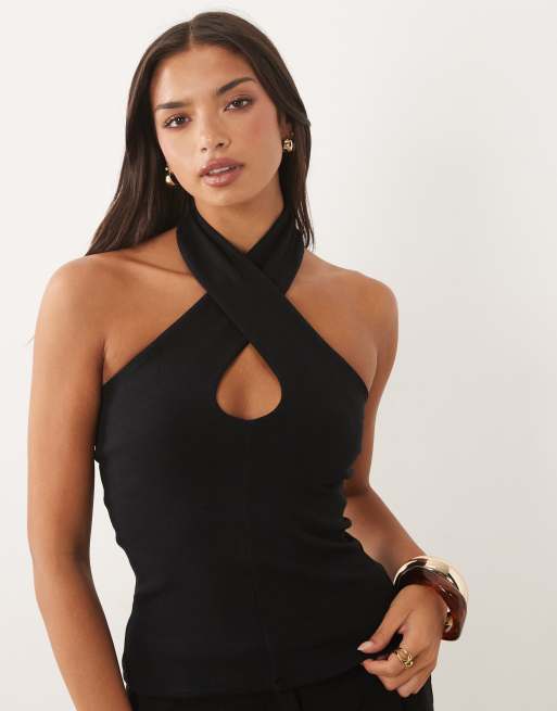 ASOS DESIGN - Compacte katoenen top met halternek en gedraaid effect in zwart, 3 van 4