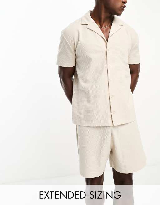 ASOS DESIGN - Completo da casa con camicia con rever e pantaloncini écru in tessuto a nido d'ape