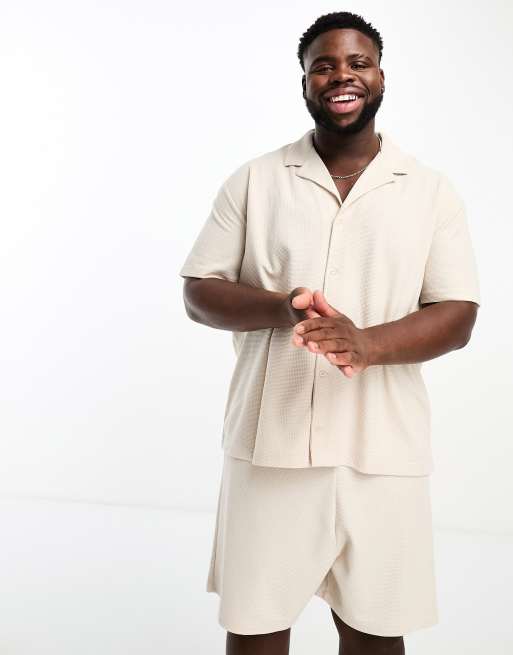 ASOS DESIGN - Completo da casa con camicia con rever e pantaloncini écru in tessuto a nido d'ape, 2 di 4