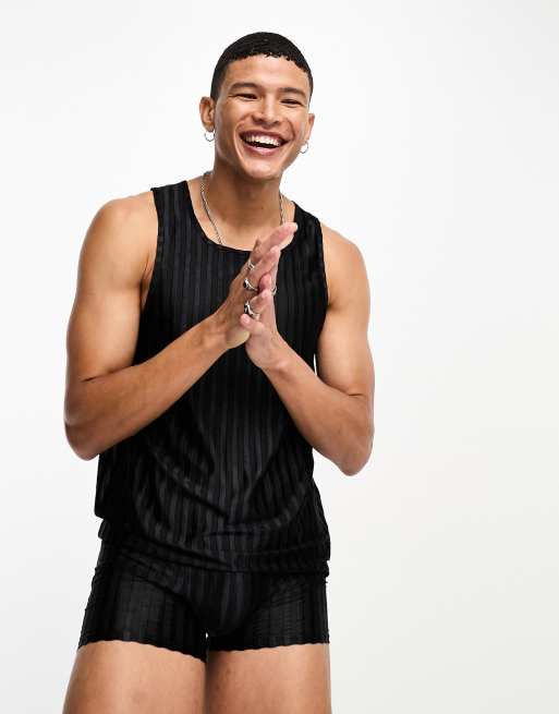 ASOS DESIGN - Completo intimo con canotta e boxer aderenti in rete nera a righe