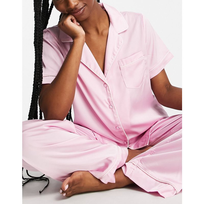 Pigiami Donna DESIGN - Completo pigiama con camicia a maniche corte in raso con profili e pantaloni lilla