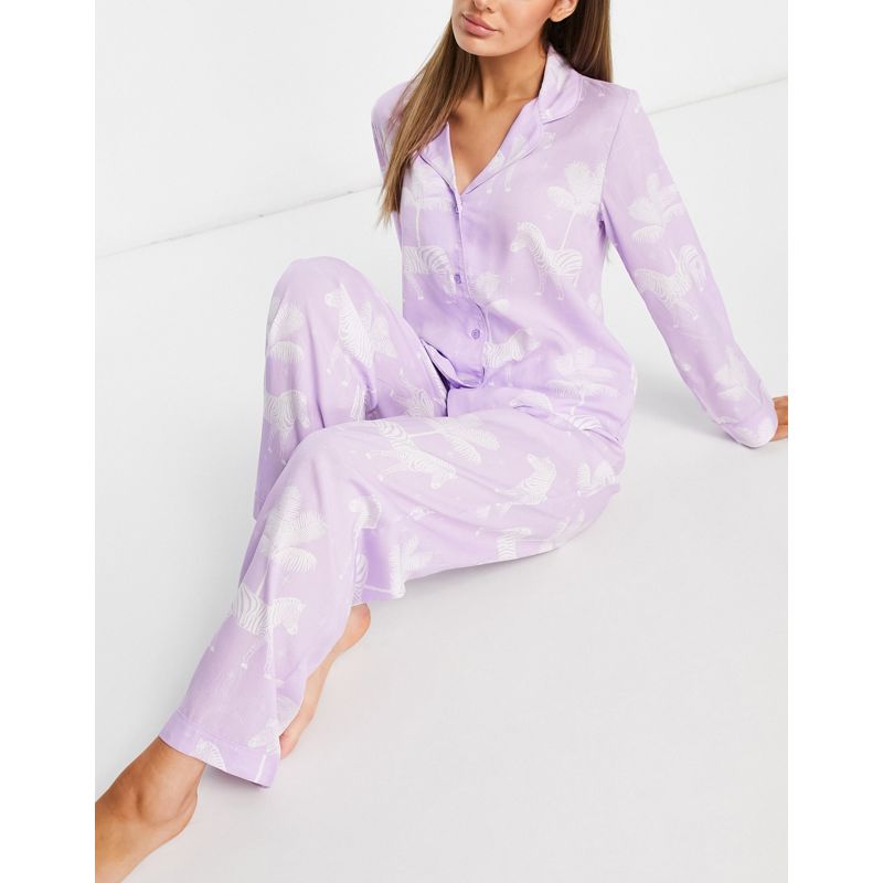 DESIGN - Completo pigiama con camicia a maniche lunghe e pantaloni in modal lilla con zebre e palme