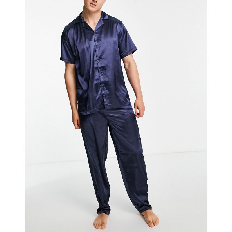 Pigiami Uomo DESIGN - Completo pigiama con camicia e pantaloni in raso blu