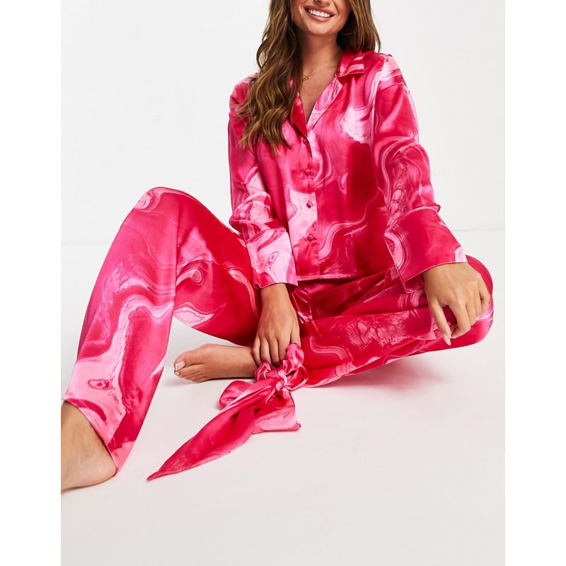 Intimo e abbigliamento notte Pigiami DESIGN - Completo pigiama con camicia, pantaloni oversize con stampa marmorizzata rosa ed elastico per capelli
