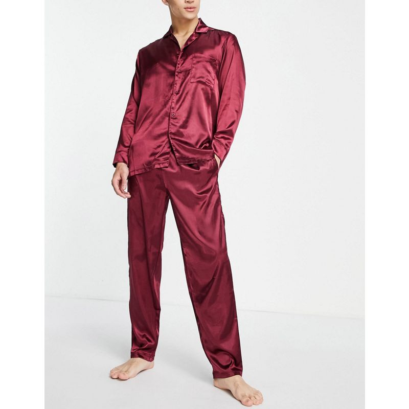 Uomo f1vRF DESIGN - Completo pigiama da casa con camicia e pantaloni in raso bordeaux