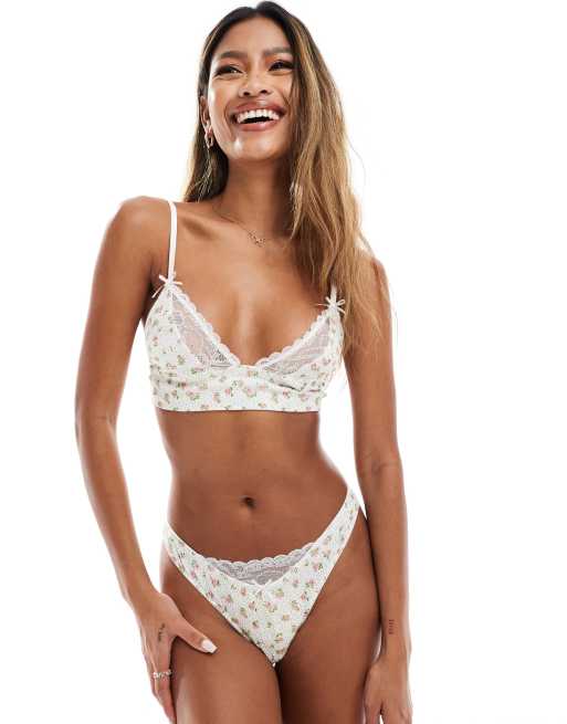 ASOS DESIGN - Completo rosa e bianco a coste composto da brassière e perizoma con dettagli in pizzo
