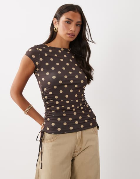 ASOS DESIGN con bordo ondulato, maniche corte e coulisse arricciata, a pois marroni - view 1